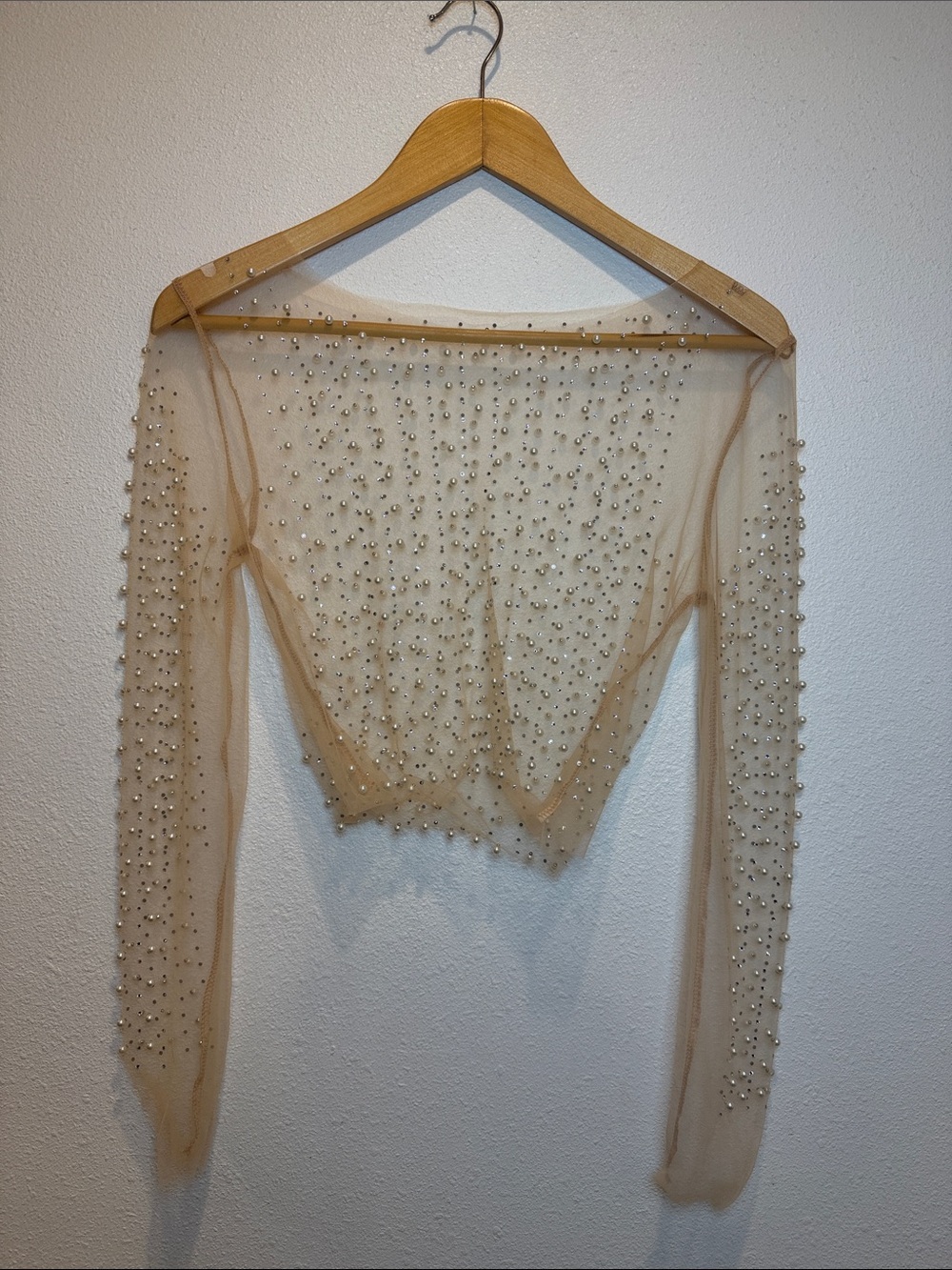 Sheer Nude Mesh Long Sleeve Rhinestone and Pearl Top Size Small